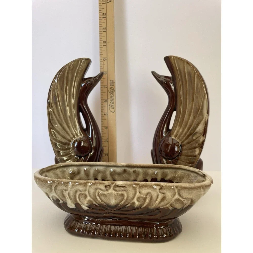 Vintage Swan Planter Set Rockingham Brown‎ Drip Glaze Console Mid Century W Box